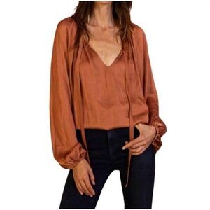 By Together NWT rust terracotta satin dream tie front long sleeve peasant blouse